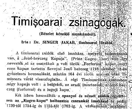 Jakab Singer, Timisoarai zsinagógák
